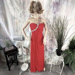 📌 One-Shoulder Draped Chiffon Beaded Plated Bodice Gown Deep Back Neckline